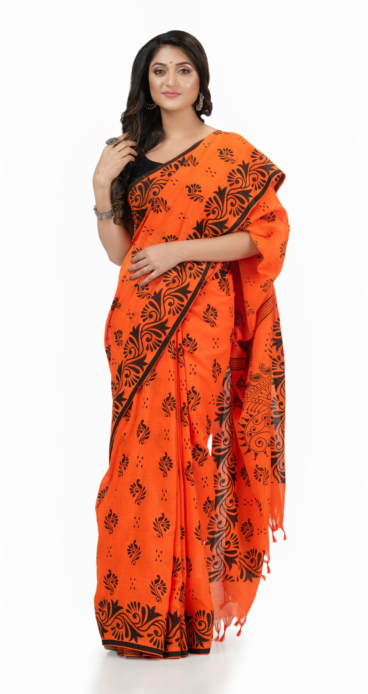 Desh Bidesh Woven Handloom Handloom Pure Cotton Saree (Orange) - Distacart