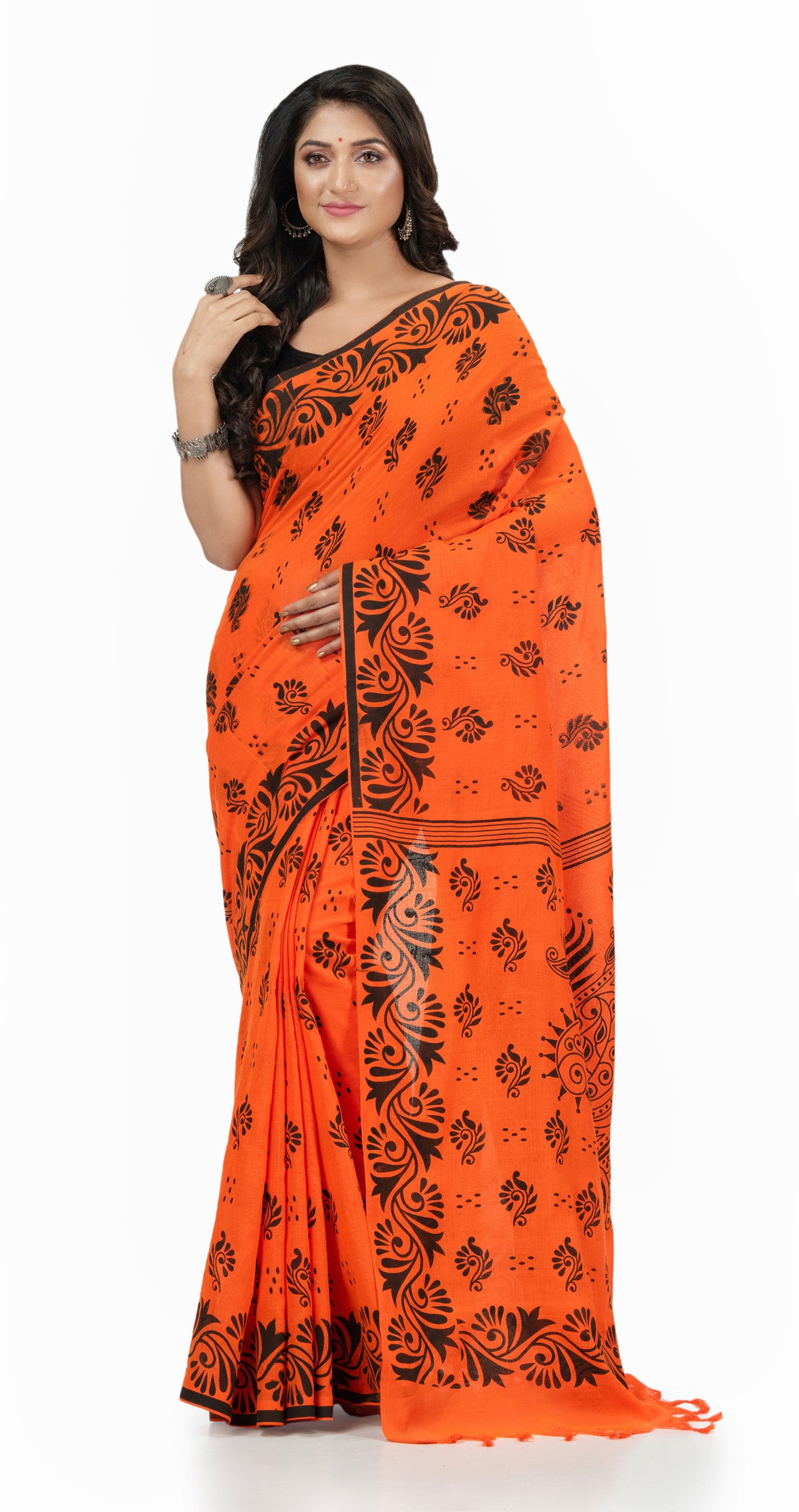 Desh Bidesh Woven Handloom Handloom Pure Cotton Saree (Orange) - Distacart