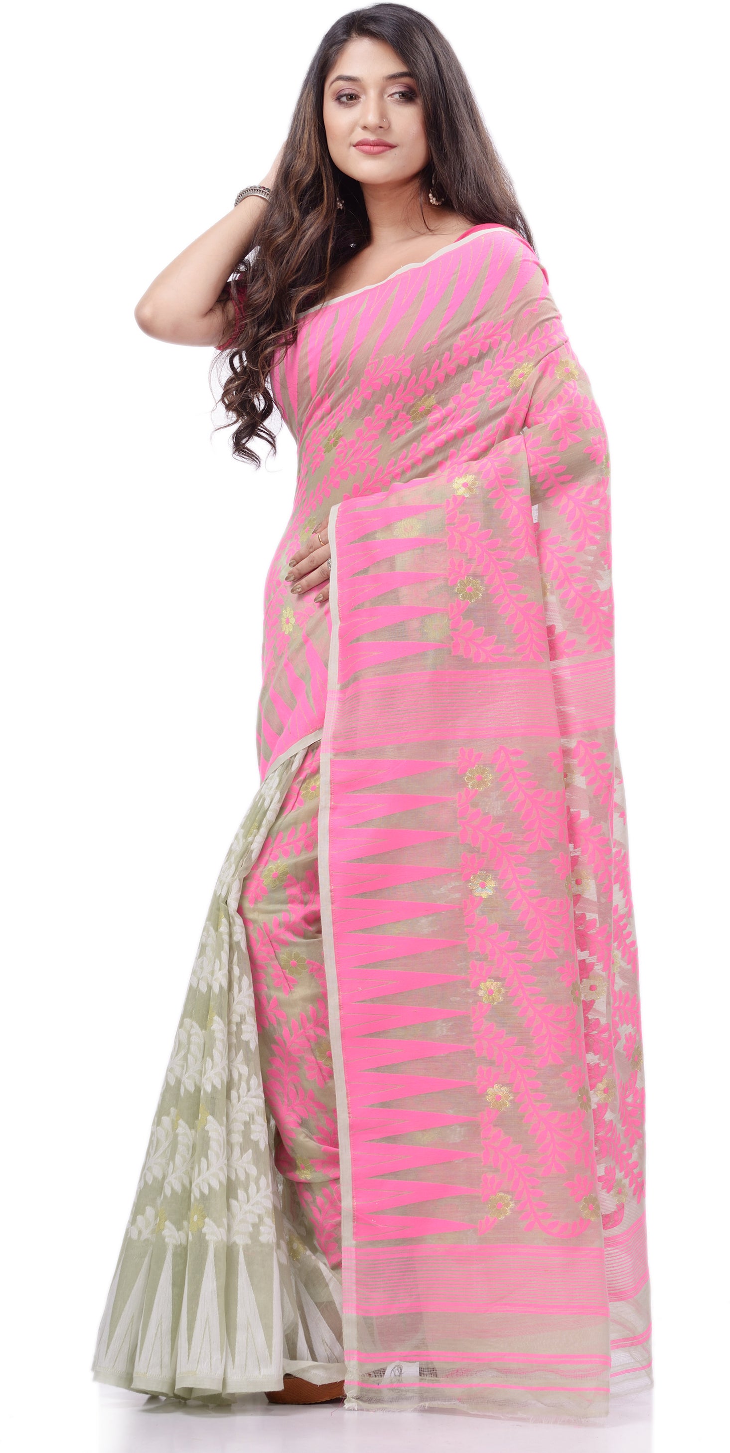 Buy Designer Pure Cotton Sarees with All over Linear Stripes ~ Light Pink -  Very Much Indian – verymuchindian.com
