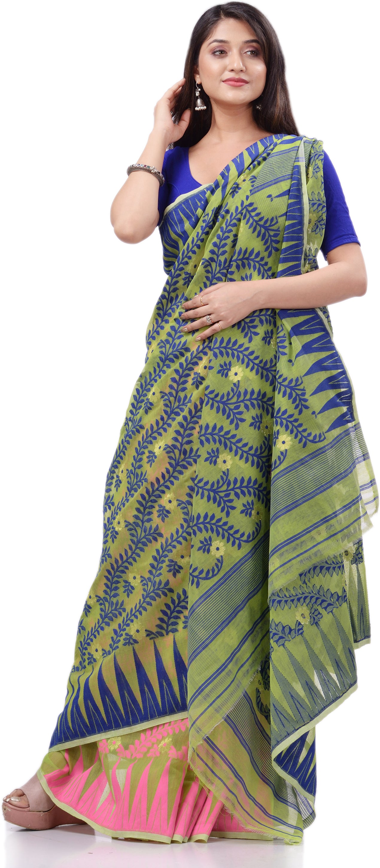 Desh Bidesh Woven Handloom Pure Cotton Saree (Blue) - Distacart