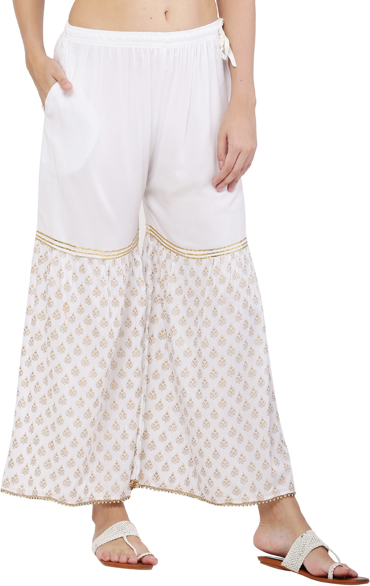 PAVONINE White Color 3-Panels Sequence Printed Flared Sharara For Women & Girls - Distacart