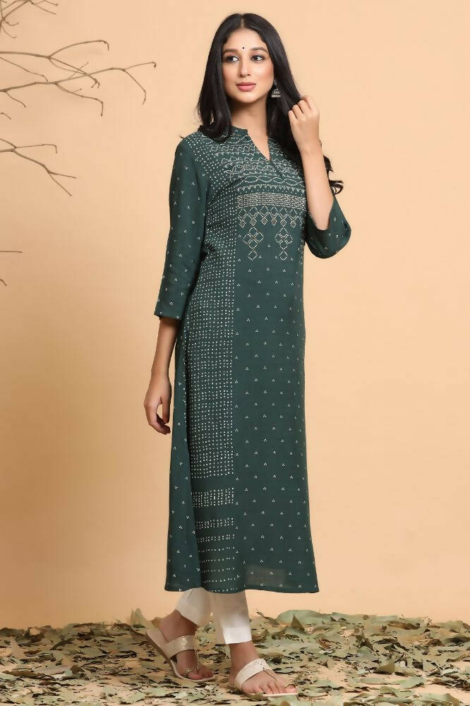 Juniper Women Jade Green Rayon Slub Bandhani Printed A-Line Kurta - Distacart