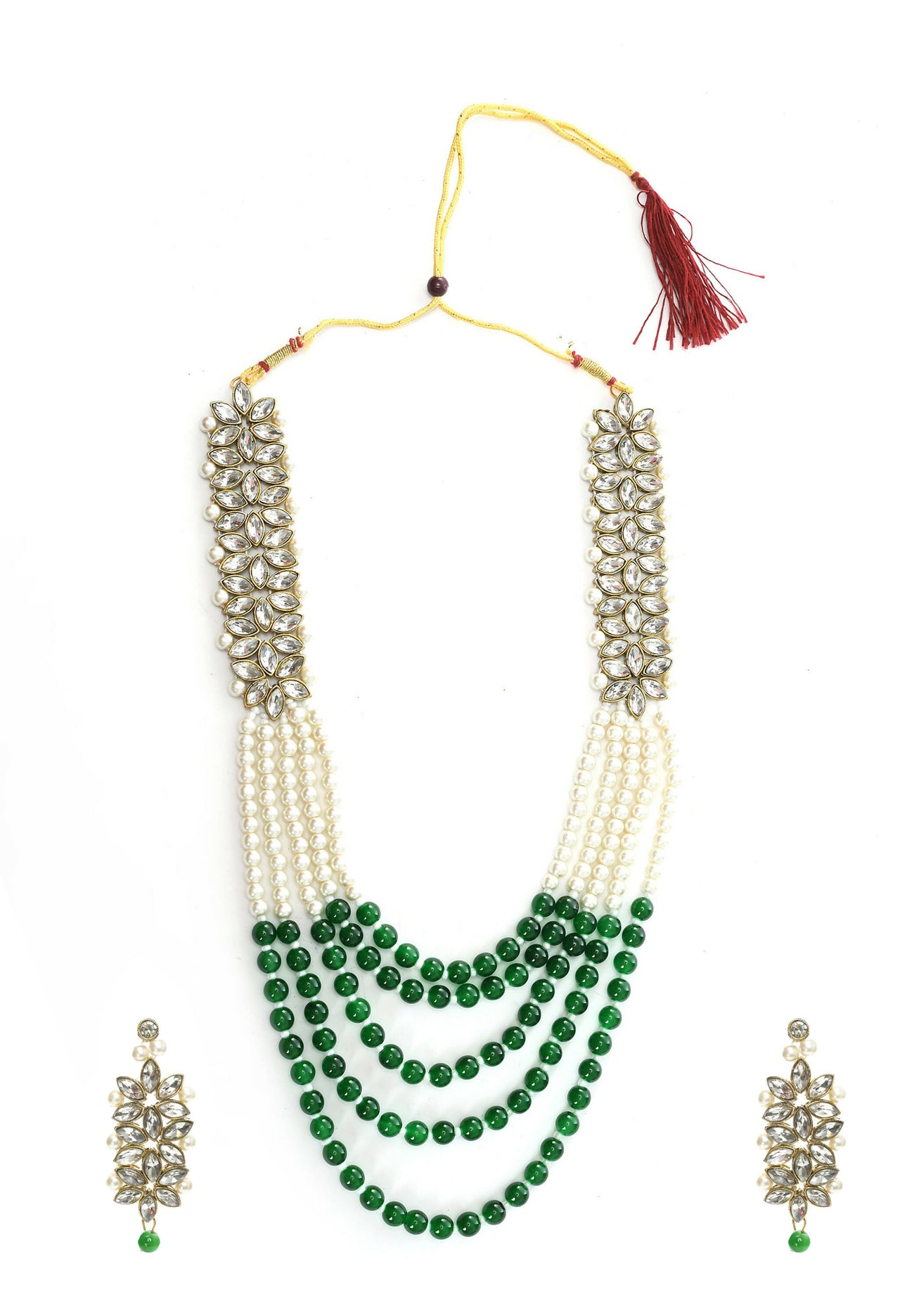 Mominos Fashion Johar Kamal Gold-Plated Rani Haar with Green and Off white Pearls Jewellery Set - Distacart