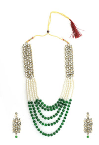 Thumbnail for Mominos Fashion Johar Kamal Gold-Plated Rani Haar with Green and Off white Pearls Jewellery Set - Distacart