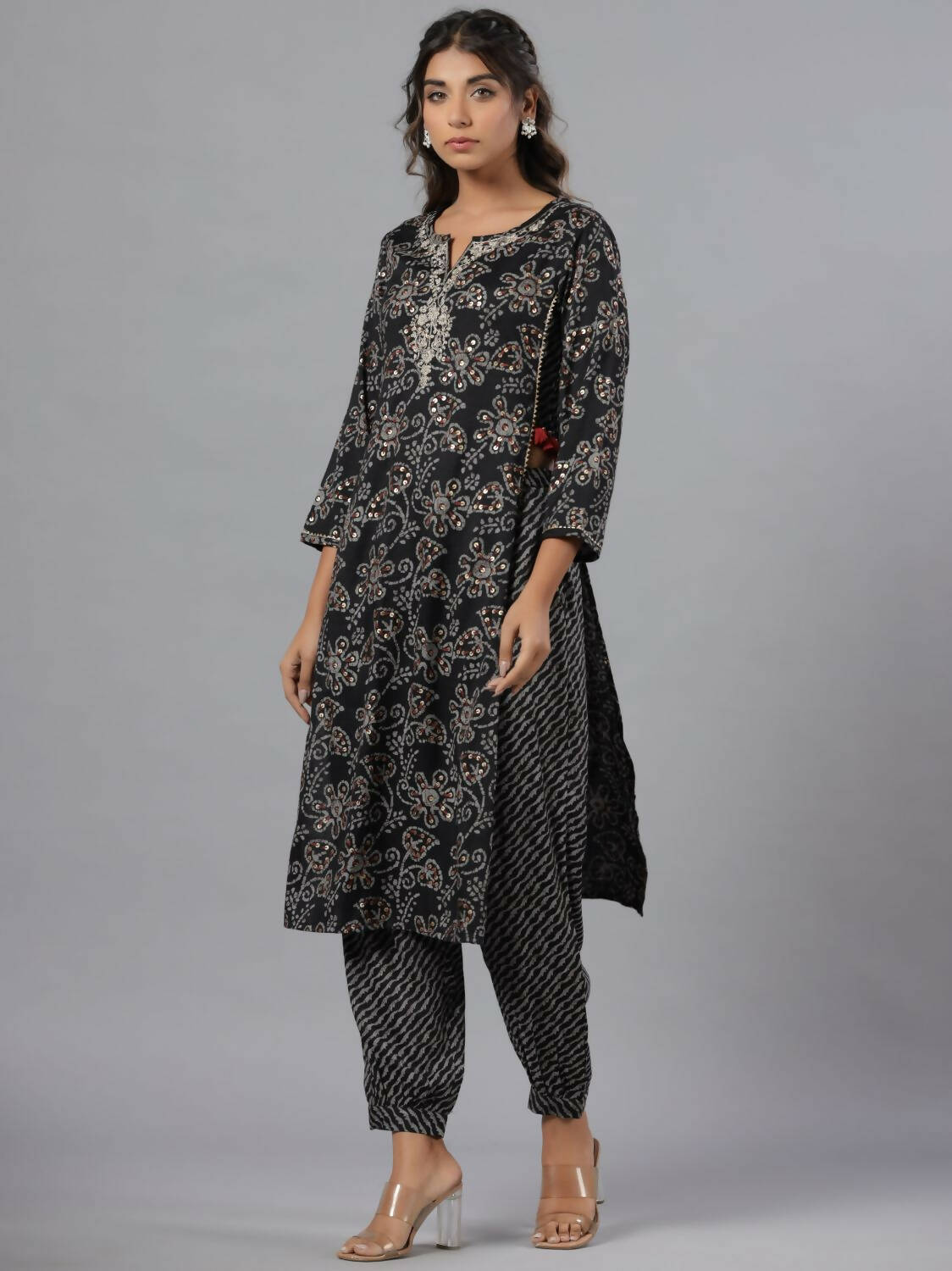 Juniper Women Black Rayon Slub Printed with Embroidered Kurta and Pants Set - Distacart