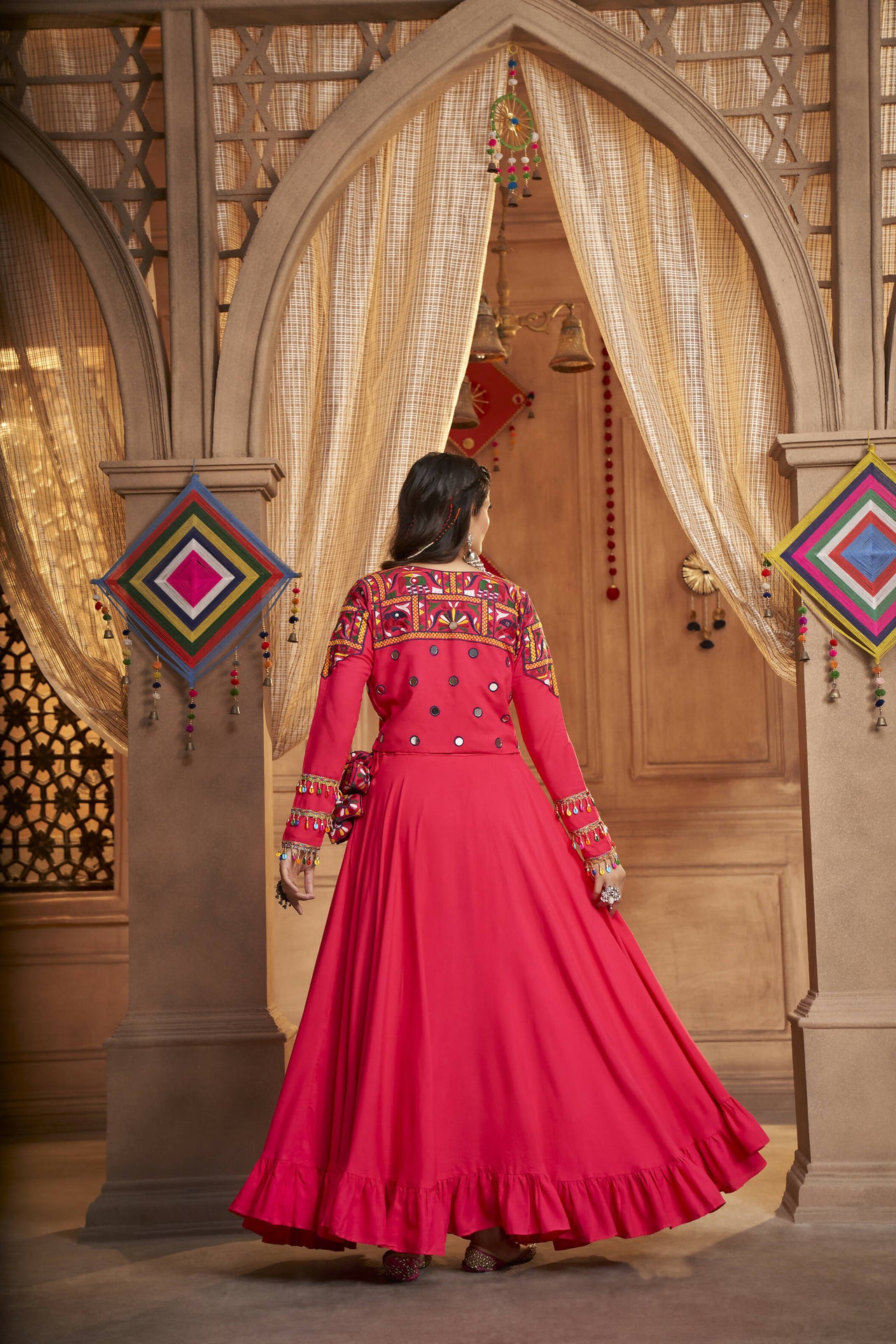 Rani Pink Viscose Rayon Thread Embroidered Work With Mirror All Over Navratri Lehenga Choli With Dupatta - Raas - Distacart