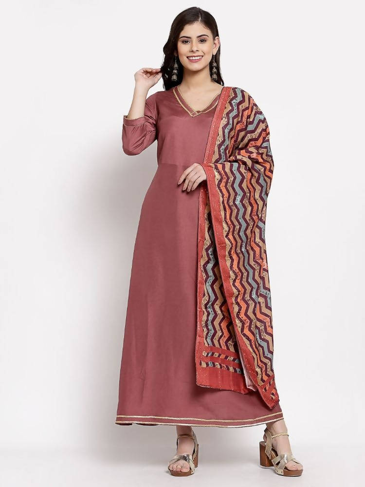 Myshka Women's Dark Pink Cotton Solid 3/4 Sleeve V Neck Casual Anarkali Gown