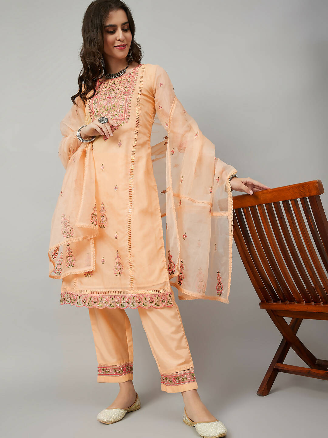 Orange Organza Embroidered Kurta with Bottom & Dupatta - Salimar - Distacart