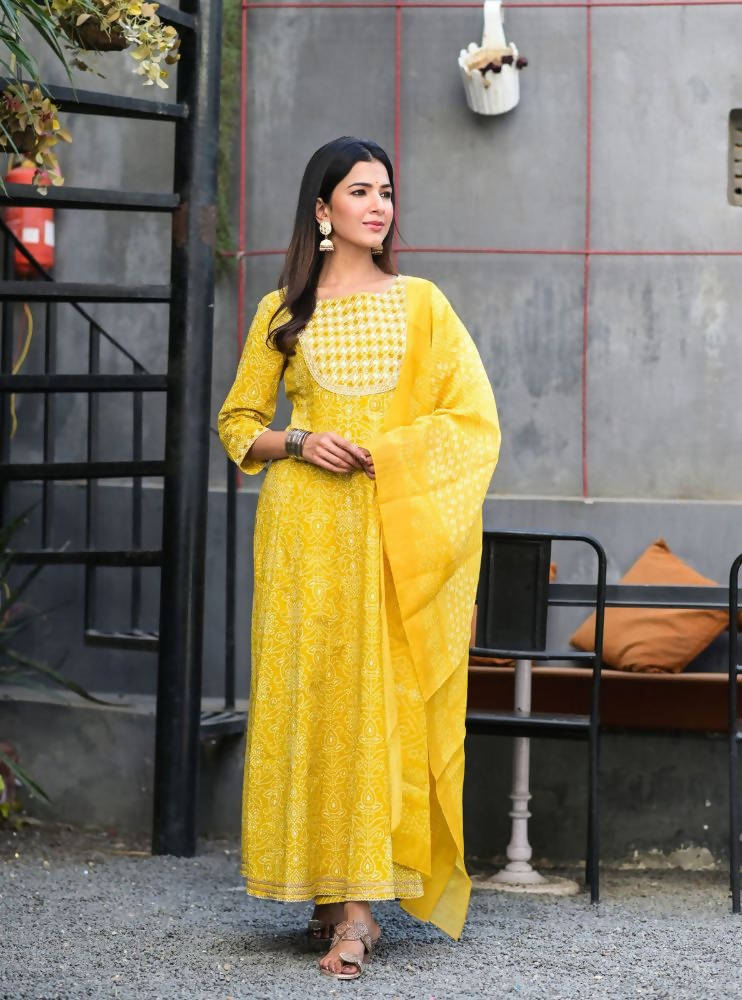 Yufta Women Yellow Handblock Printed Kurti And Trouser With Dupatta