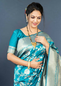 Thumbnail for Aastha Fashion Women's Teal Banarasi Silk Zari Woven Saree with Blouse - Distacart