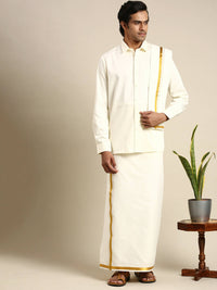 Thumbnail for Ramraj Cotton Premium Wedding Cream Regular Dhoti, Shirt & Towel Set Arathi 3/4