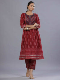 Thumbnail for Juniper Women Maroon Cotton Cambric Batik texture Printed Kurta, Pants and Dupatta Set - Distacart