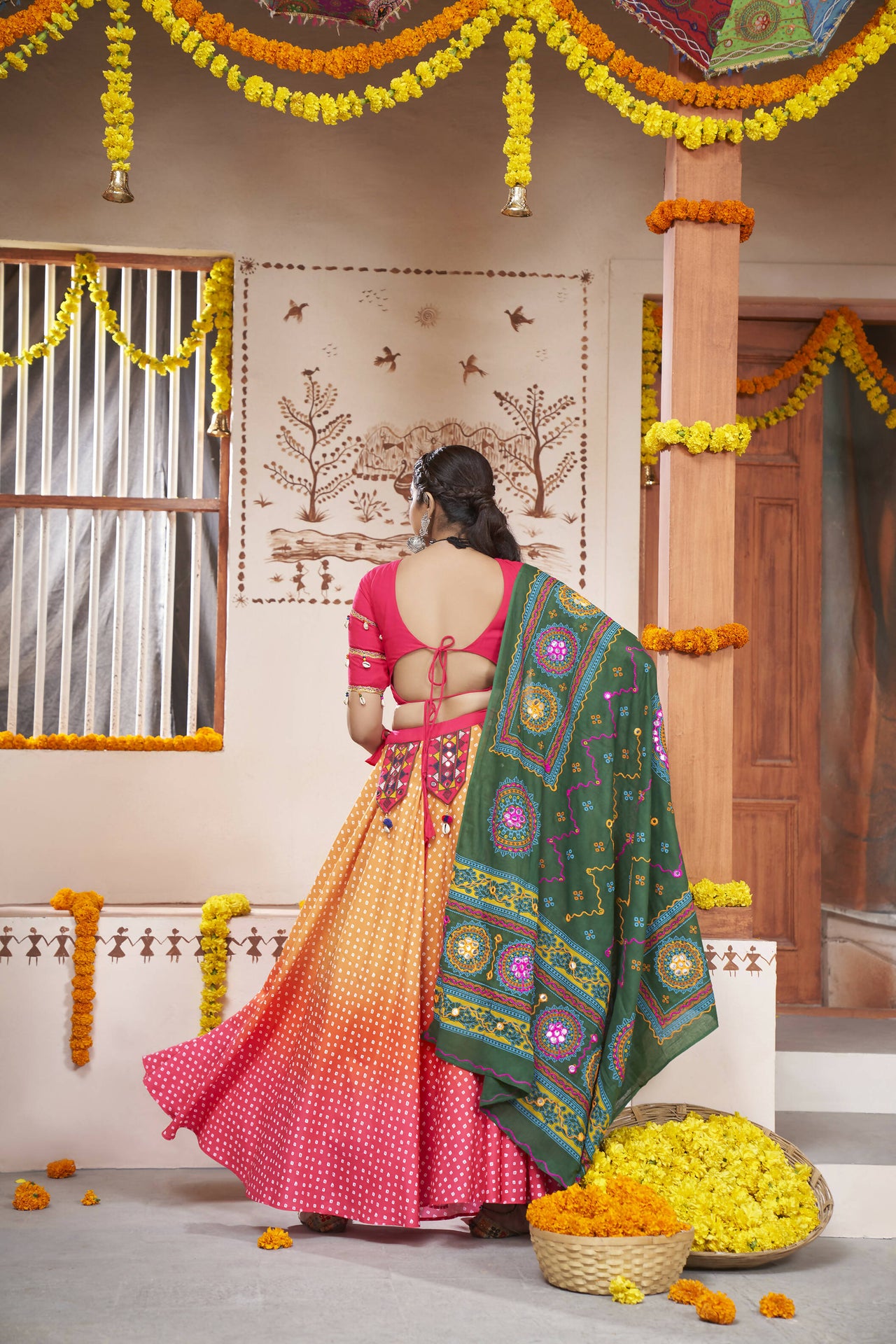 Yellow Rayon All over Print with Embroidery Patch Work Navratri Lehenga Choli with Dupatta - Raas - Distacart