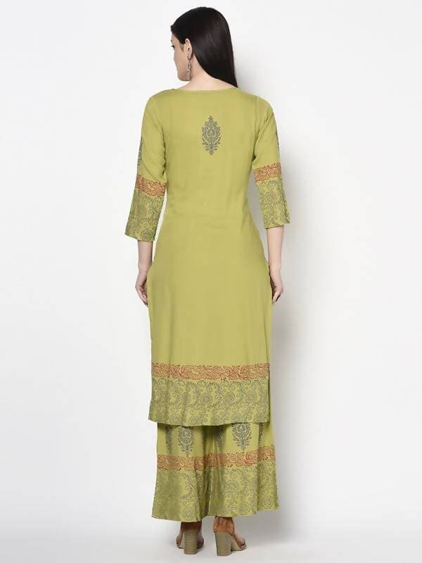 Aniyah Rayon Parrot Green Color Block Print Straight Kurta Palazzo Set (AN-197K)