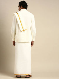 Thumbnail for Ramraj Cotton Mens Premium Wedding Cream Dhoti with shirt Bit & Towel Set - Distacart