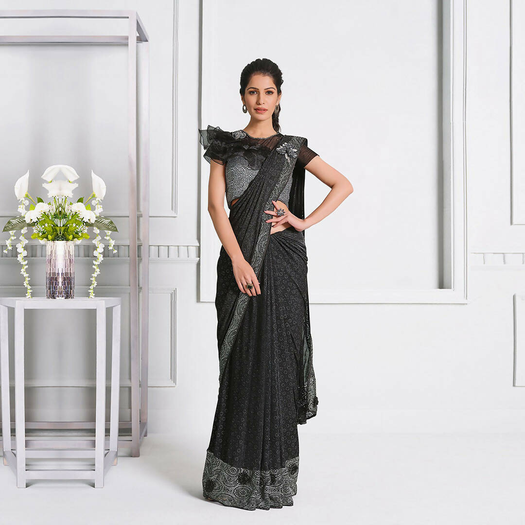 Black Fancy Lycra Handwork Shoulder Butta Saree - Mohmanthan Izzara - Distacart