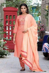 Thumbnail for Yufta Women Peach Floral Mirror Work Pure Cotton Kurta with Trouser and Dupatta