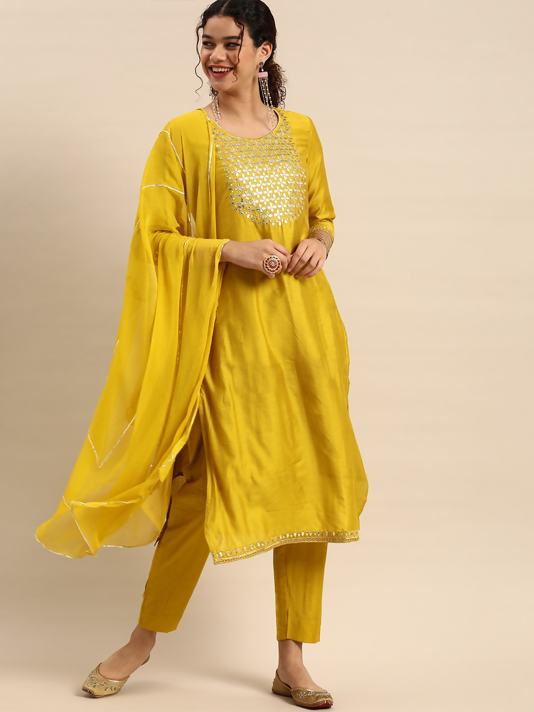 Anouk Women Mustard Yellow Yoke Design Chanderi Silk Kurta with Palazzos & Dupatta - Distacart