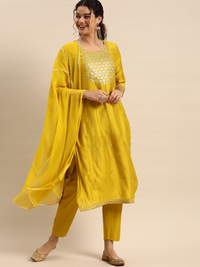 Thumbnail for Anouk Women Mustard Yellow Yoke Design Chanderi Silk Kurta with Palazzos & Dupatta - Distacart