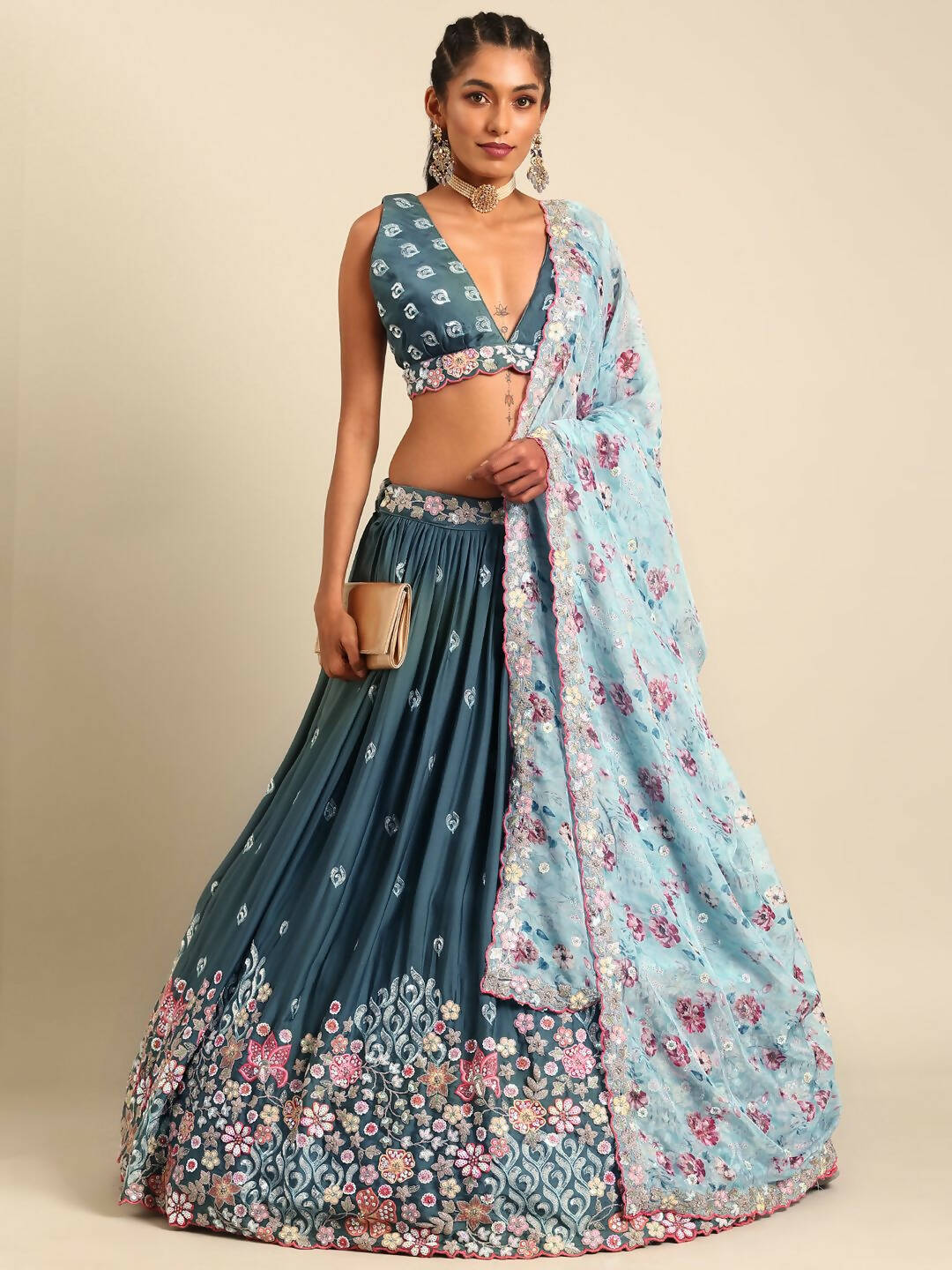 House of Panchhi Teal Blue Chinon Sequins embroidery Lehenga choli & Dupatta - Distacart