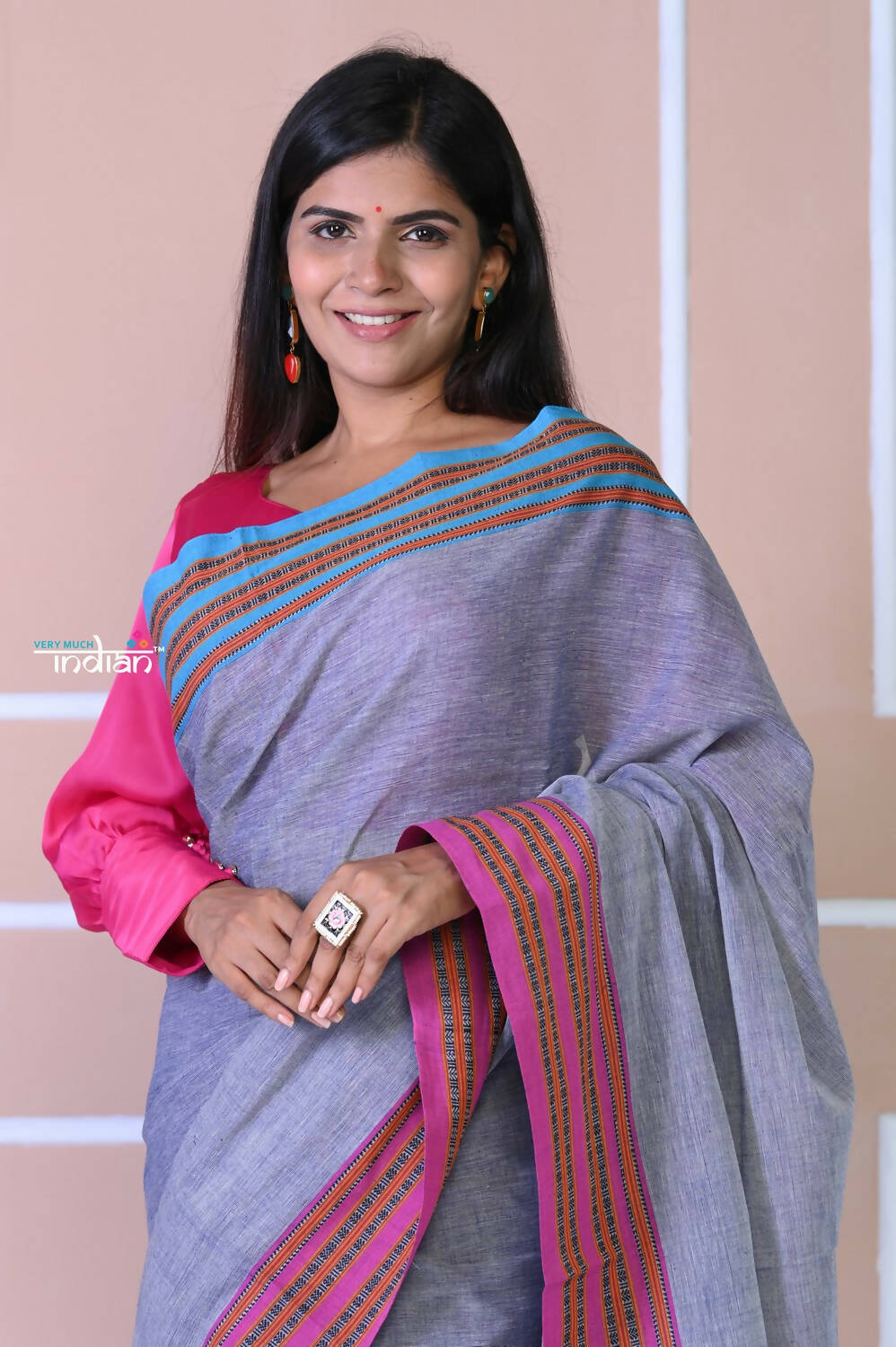 Very Much Indian Patteda Anchu Ilkal Handloom Saree - Heather Purple With Blue Border - Distacart