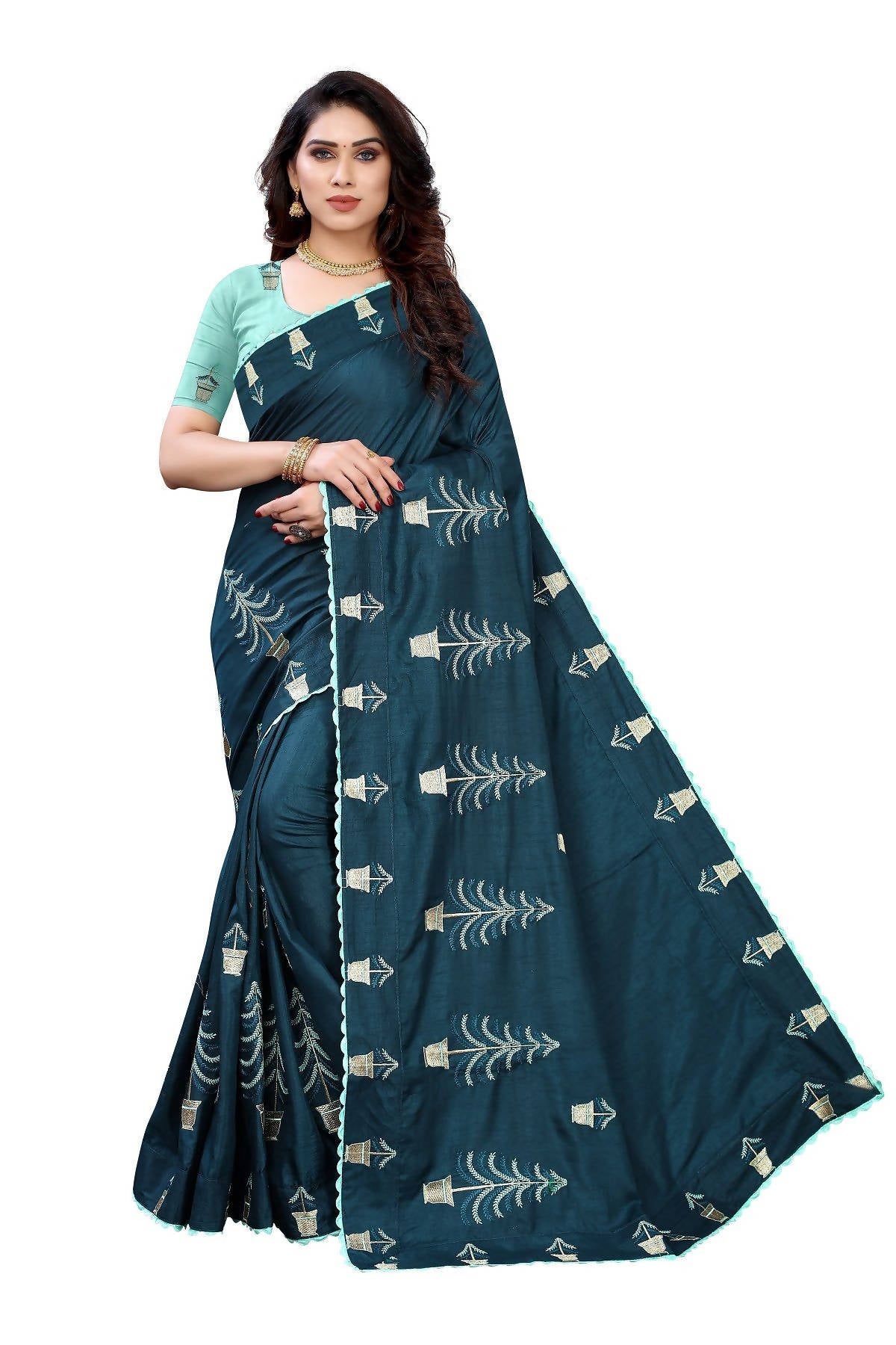 Vamika Rama Green Dola Silk Embroidery Saree (HELENA RAMA) - Distacart