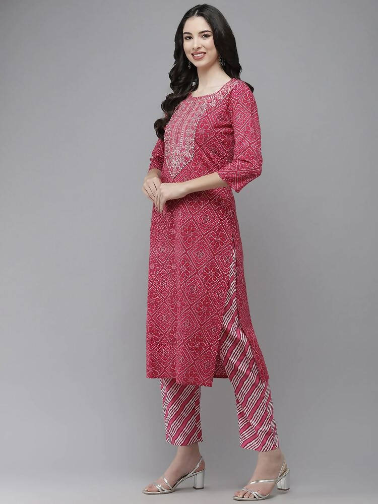 Yufta Women Pink Embroidered Regular Kurta with Palazzo & With Dupatta