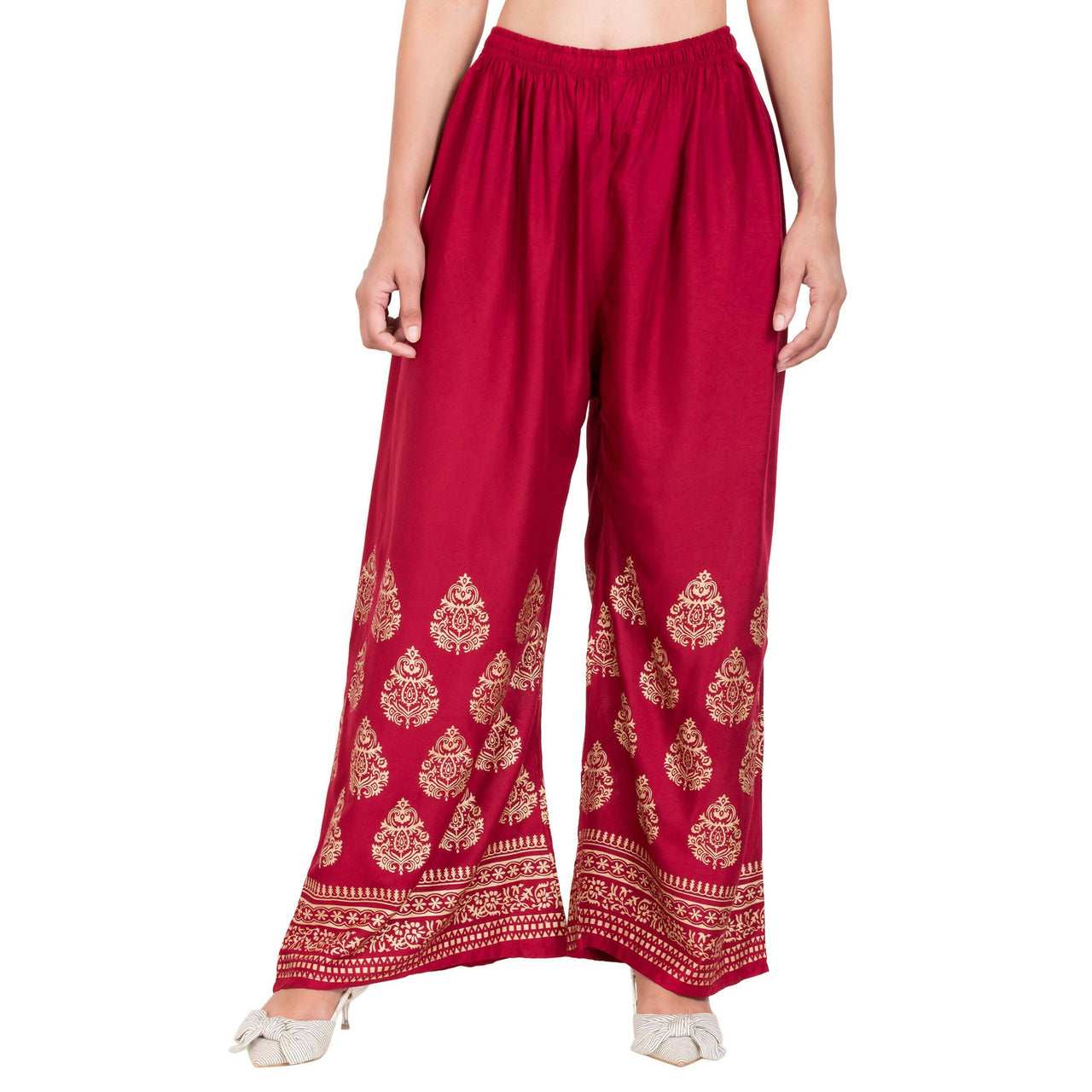 PAVONINE Maroon Color Golden Printed Rayon Fabric Sharara For Women & Girls - Distacart