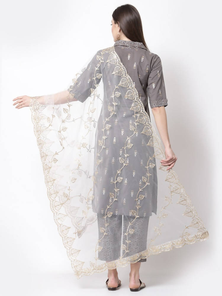 Myshka Grey Color cotton Printed Kurta With Palazzo Dupatta Set