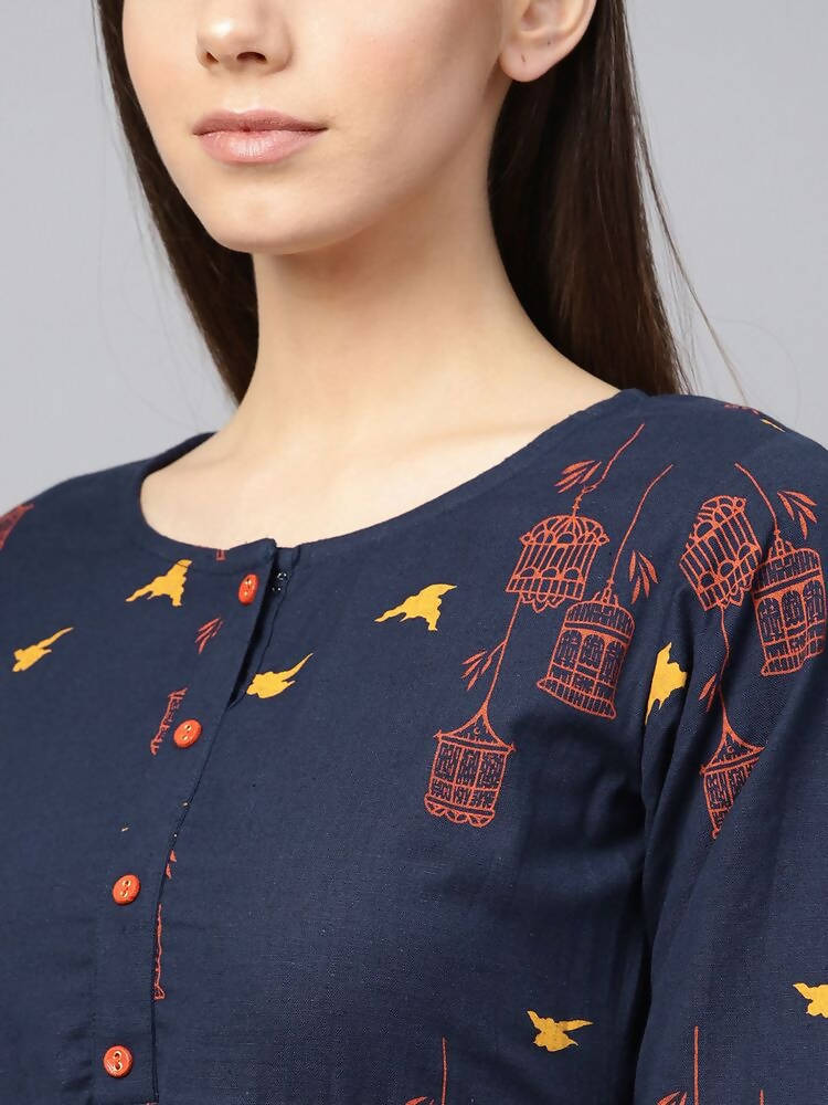 Yufta Women Navy Blue & Orange Quirky Printed Maxi Dress