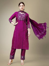 Thumbnail for Aastha Fashion Women's Purple Cotton Blend Embroidery & Fancy Lace Work Kurta with Trouser & Dupatta - Distacart