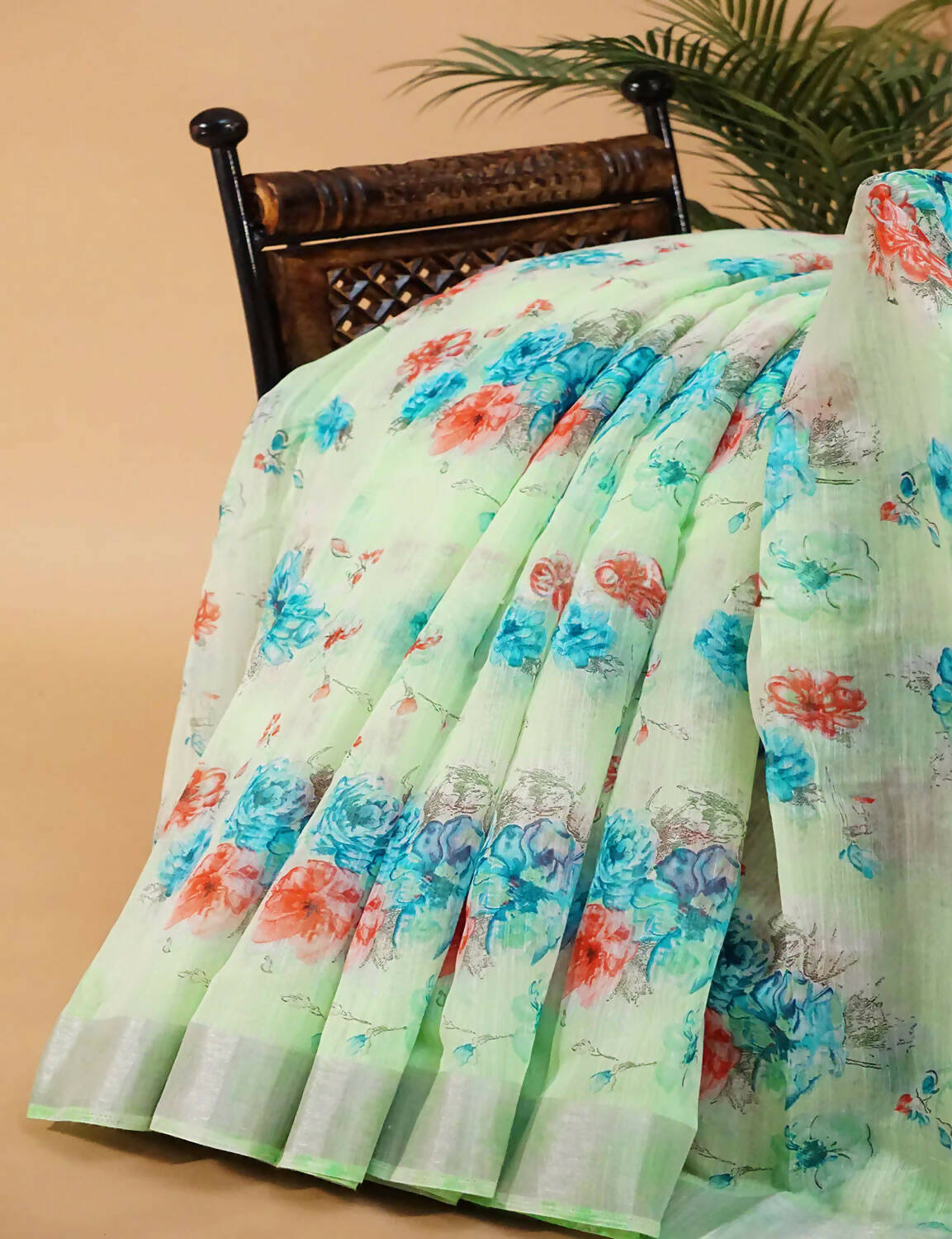 Pastel Green and Blue Digital Prin Semi Chanderi Saree By Gayathri Reddy Designer Studio - Distacart