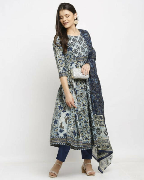 Aastha Fashion Women's Navy Blue Cotton Printed Kurta with Trouser & Dupatta - Distacart