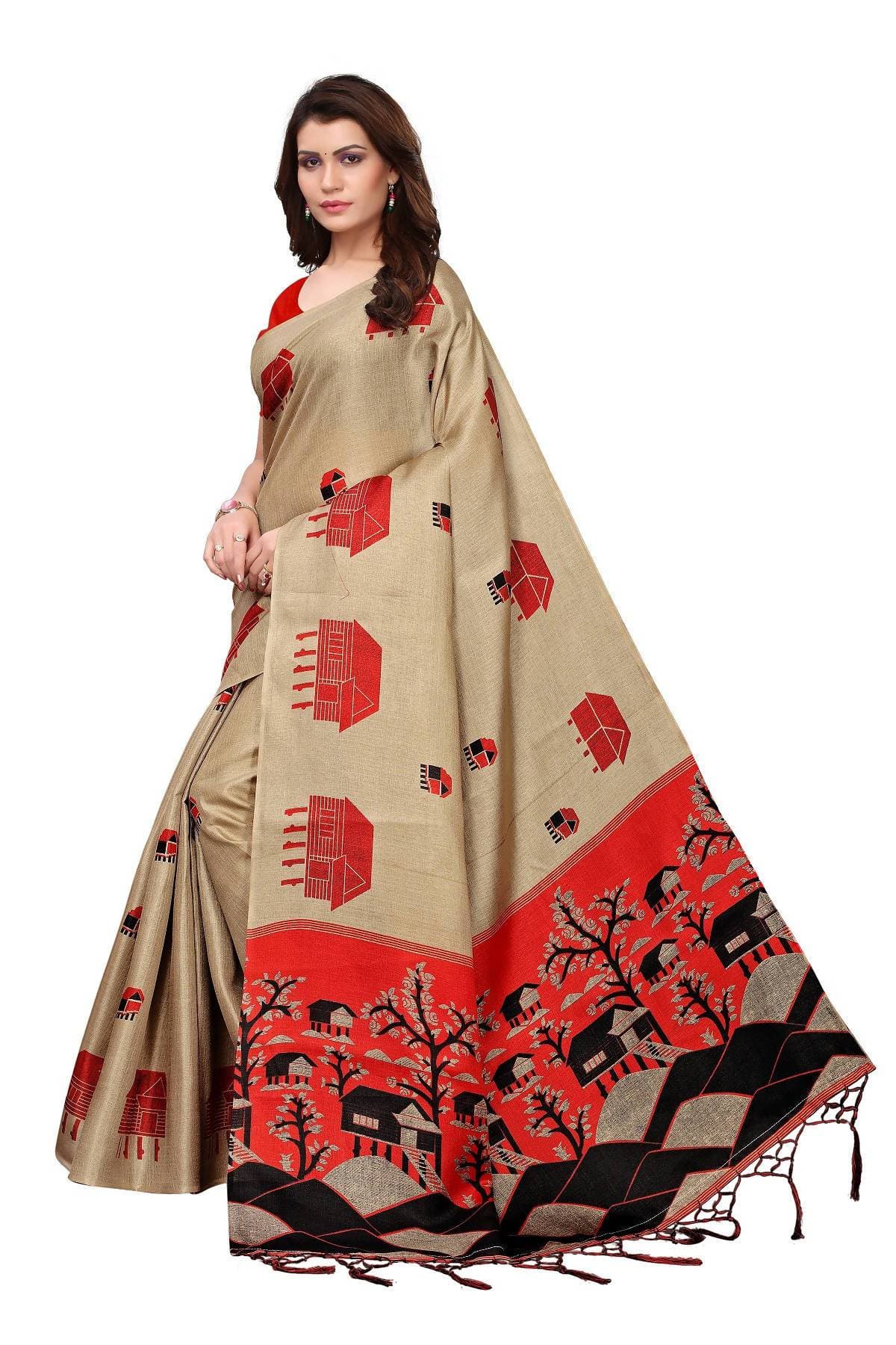 Vamika Traditional Chiku & Red Kalamkari With Jhalar Khadi Silk Saree