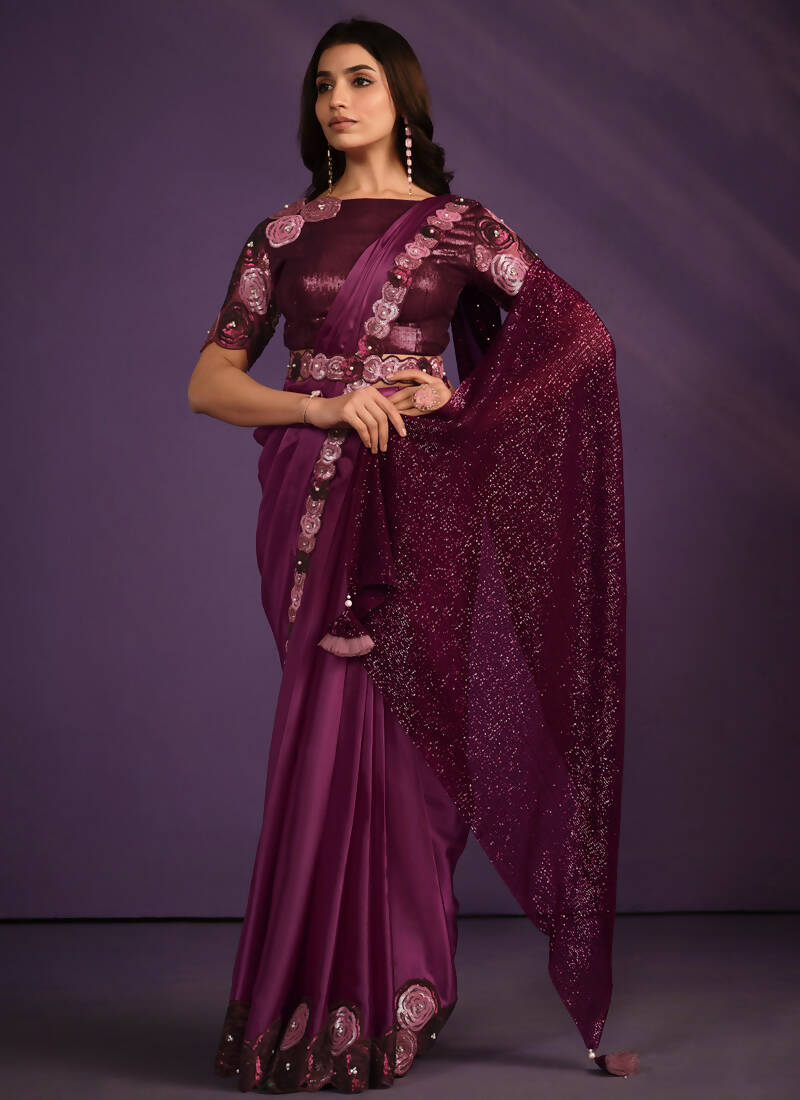 Purple Crepe Satin Silk Embroidered Saree With Stitched Blouse - Mohmanthan Exotica - Distacart