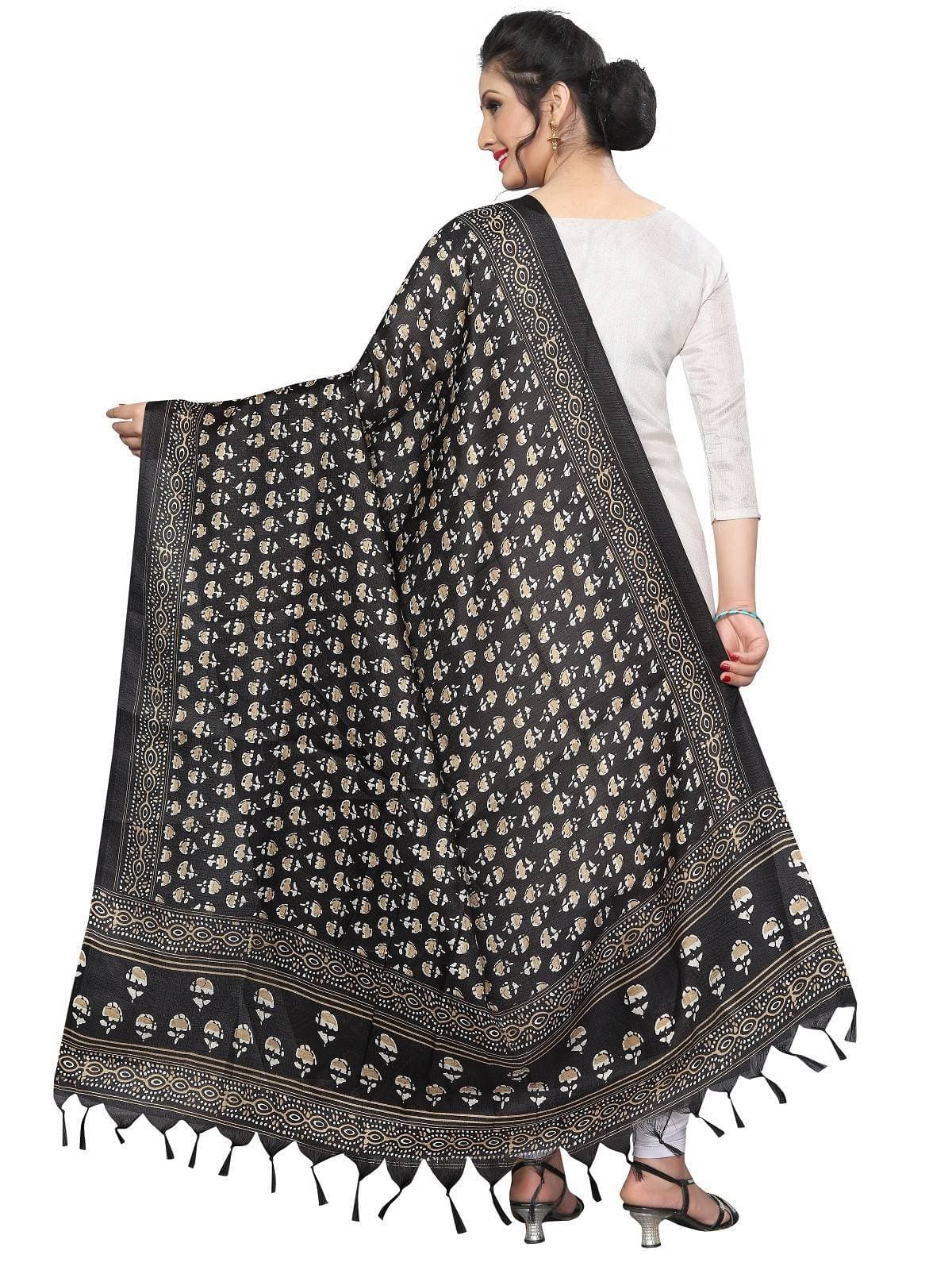 Vamika Latest Fashion Black Printed Khadi Bhagalpuri Dupatta For Girls