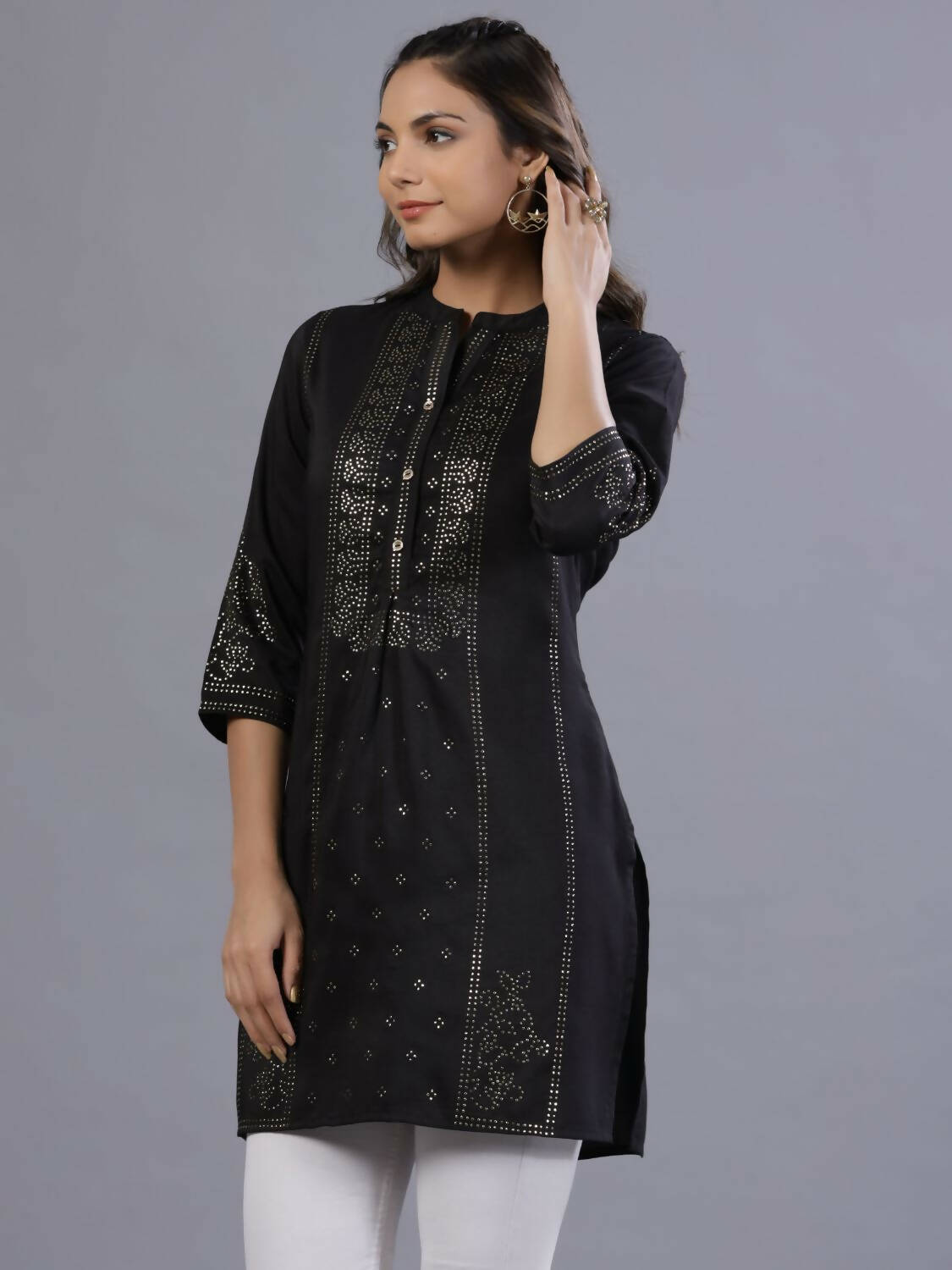 Juniper Women Black Chinon Silk Mukesh Work Straight Tunic - Distacart