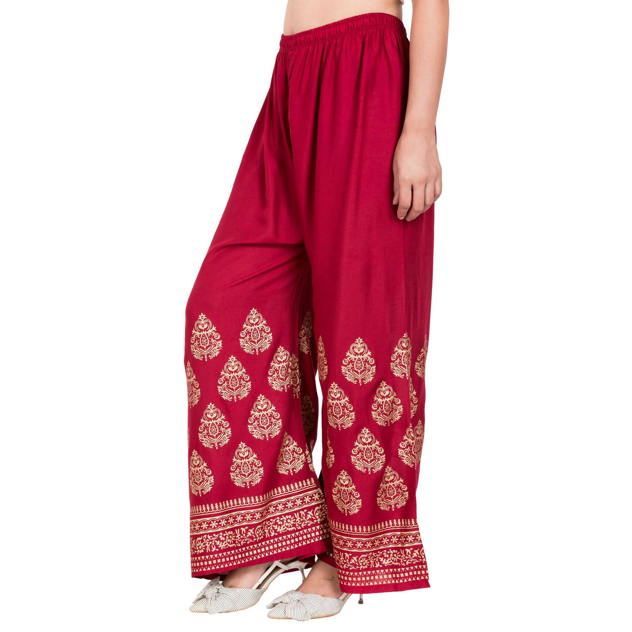 PAVONINE Maroon Color Golden Printed Rayon Fabric Sharara For Women & Girls - Distacart