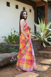 Thumbnail for Very Much Indian Pure Linen Saree With Sleek Border And Exclusive Design - Yellow - Distacart