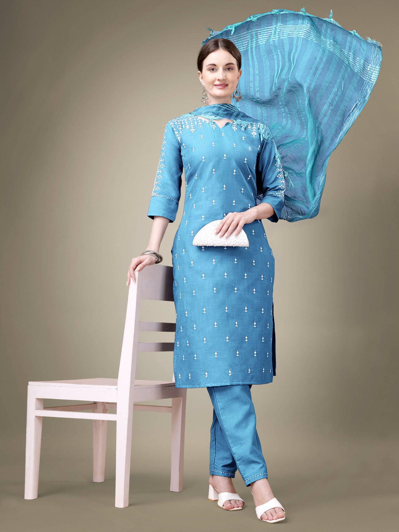 Aastha Fashion Women's Sky Blue Cotton Blend Embroidery & Sequence Work Kurta with Trouser & Dupatta - Distacart