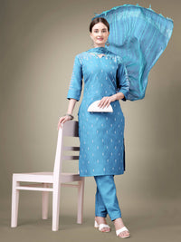 Thumbnail for Aastha Fashion Women's Sky Blue Cotton Blend Embroidery & Sequence Work Kurta with Trouser & Dupatta - Distacart