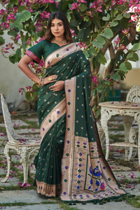 Thumbnail for Vishnu Weaves Women's Bottle Green Banarasi Silk Zari Woven Paithani Saree with Unstitched Blouse - Distacart