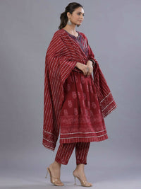 Thumbnail for Juniper Women Maroon Cotton Cambric Batik texture Printed Kurta, Pants and Dupatta Set - Distacart