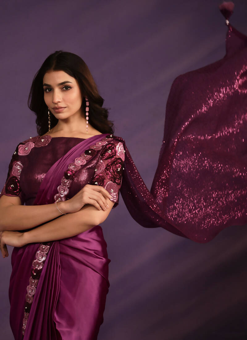 Purple Crepe Satin Silk Embroidered Saree With Stitched Blouse - Mohmanthan Exotica - Distacart