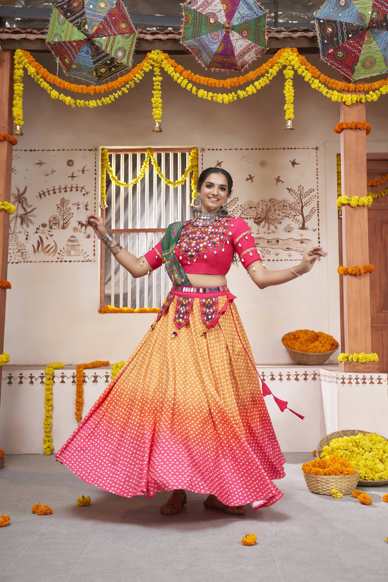 Yellow Rayon All over Print with Embroidery Patch Work Navratri Lehenga Choli with Dupatta - Raas - Distacart