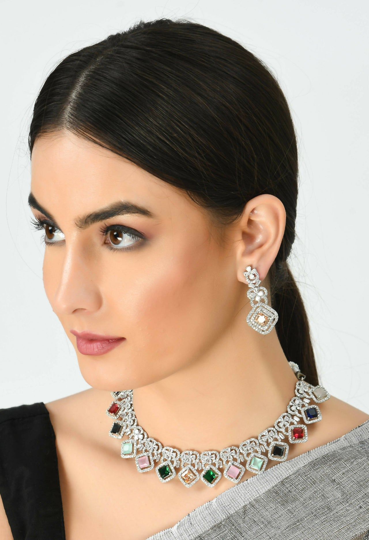 Mominos Fashion Johar Kamal Women Silver-Plated American Diamond Multi Colour Choker Set - Distacart