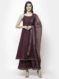 Thumbnail for Myshka Marron Silk Blend Solid Sleeveless Round Neck Kurta Palazzo Dupatta Set