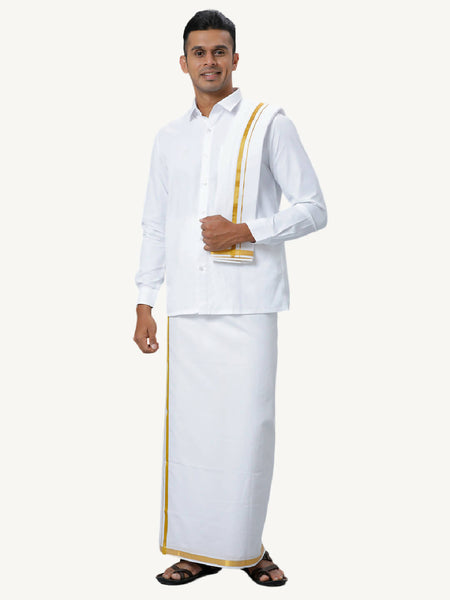 Ramraj Cotton Mens Wedding White Regular Dhoti, Shirt & Towel Set Subhakalyan 1/2" - Distacart