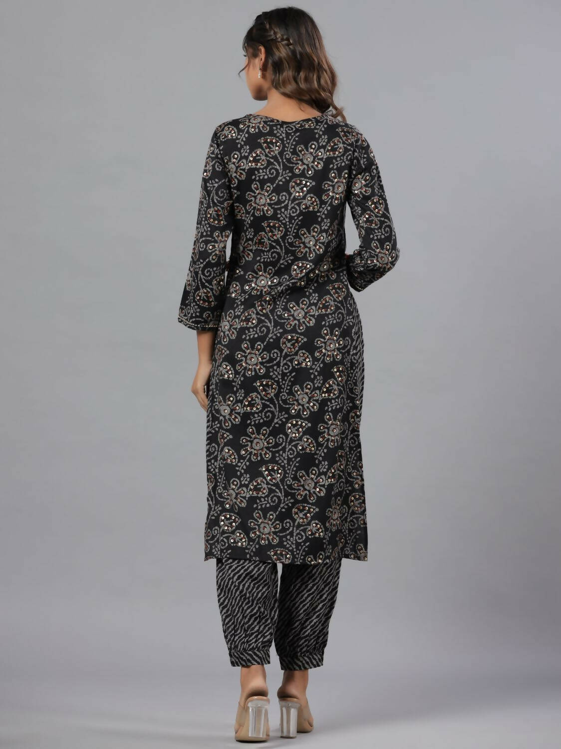 Juniper Women Black Rayon Slub Printed with Embroidered Kurta and Pants Set - Distacart