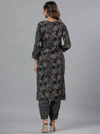 Thumbnail for Juniper Women Black Rayon Slub Printed with Embroidered Kurta and Pants Set - Distacart